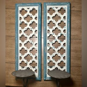Pair of candle wall sconces Blue and Cream quatrefoil distressed